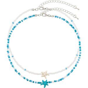 Bohemian Beaded Necklace for Women Layered Choker with Blue Starfish Pendant